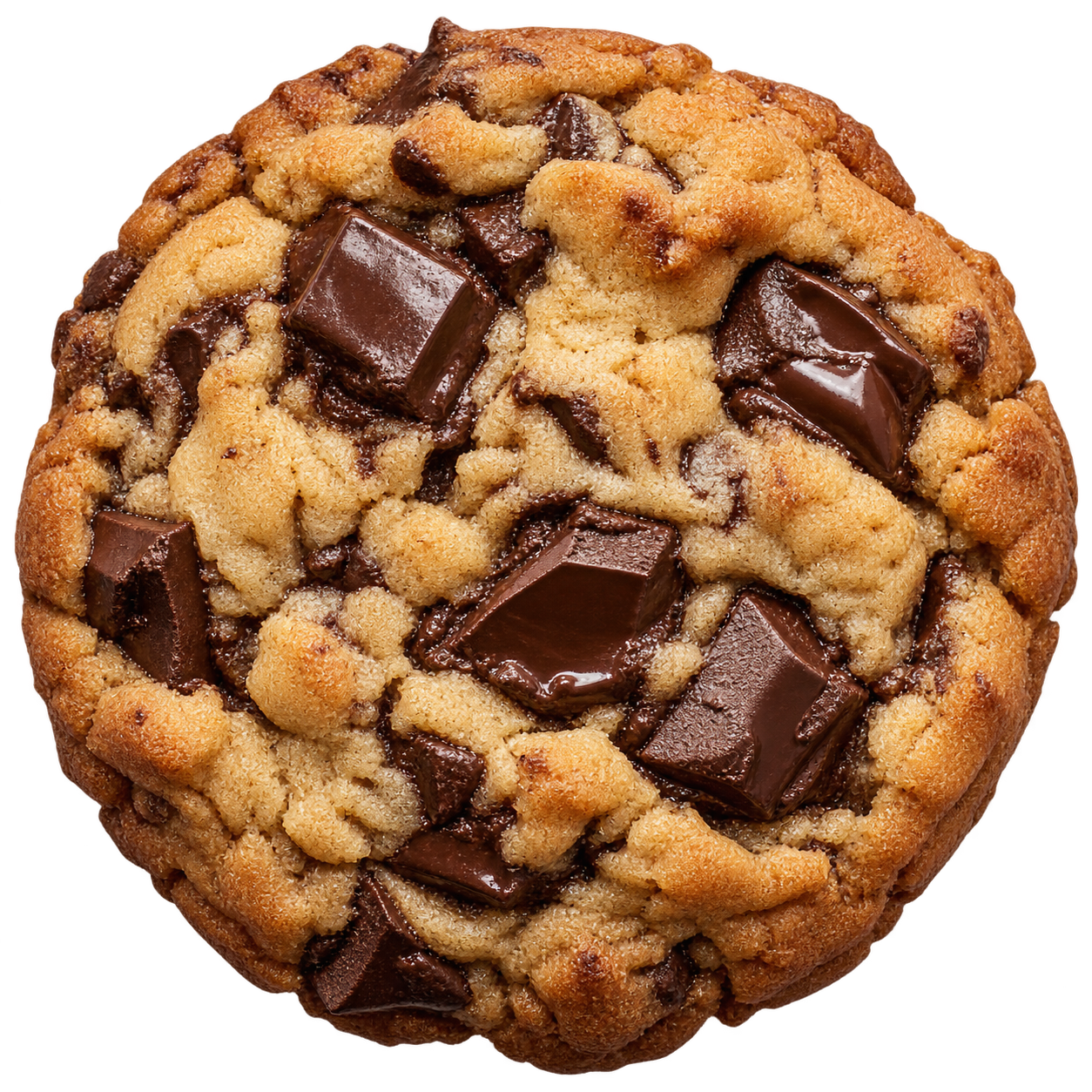 A thick golden cookie filled with glossy dark chocolate chunks